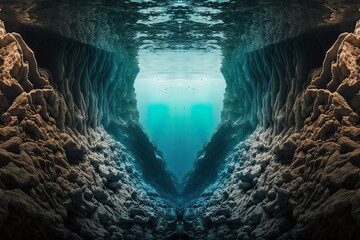 Wall Mural - Seascape, gorge flooded with water. Sea wave. Underwater cave at the bottom of the ocean. AI