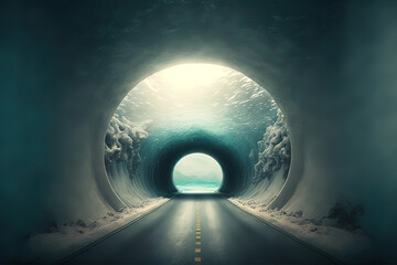 Seascape, underwater tunnel, sea wave, glass underwater passage, corridor. AI