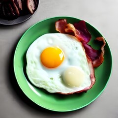 A green plate, with two fried eggs, black pudding, and a rasher of bacon