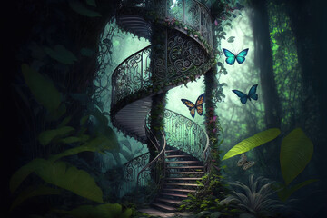 Wall Mural - Tropical forest and stairs in the center. Forest fantasy landscape. AI