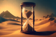 Hourglass On The Background Of A Desert Landscape. AI