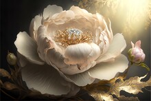 Delicate Light Peony Flowers, A Bouquet Of Peonies With Elements Of Gold. AI