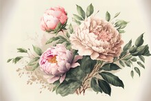 Delicate Light Peony Flowers In The Style Of Watercolor Paints. AI