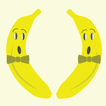 Bananas Depict The Emotion Of Surprise, Shock. Two Yellow Bananas With A Butterfly Against Each Other. Sticker. Vector.