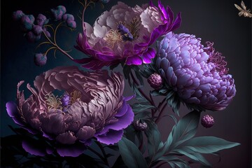 Wall Mural - Purple fantasy peonies with gold and magic elements. Luxurious purple flowers. AI