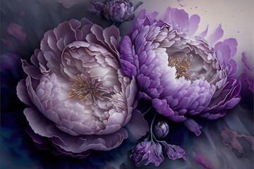 Wall Mural - Purple fantasy peonies with gold and magic elements. Luxurious purple flowers. AI