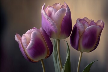 Wall Mural - Purple spring tulips. Luxurious purple flowers. AI