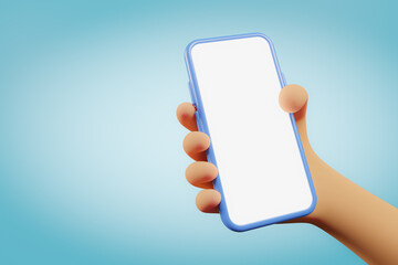 Wall Mural - Hand holding the blank smartphone in cartoon style - modern frameless design - isolated on blue 