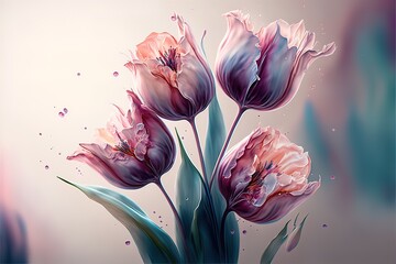 Abstract spring tulips. Luxurious fluid fluid art flowers. AI