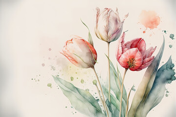 Wall Mural - Spring tulips in watercolor style. Luxurious background for postcards, delicate flowers. AI