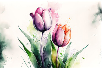 Wall Mural - Spring tulips in watercolor style. Luxurious background for postcards, delicate flowers. AI