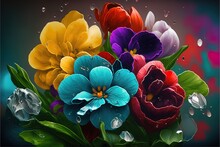 Multicolored Bright Spring Flowers On A Dark Background. AI