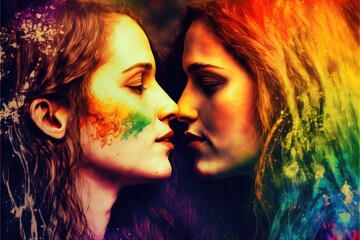 Lesbian couple pride rainbow colors illustration celebration of love generative ai