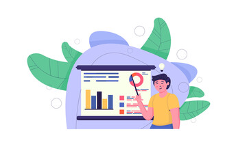Wall Mural - data analytics concept with people scene in the flat cartoon design. manager talks about the data an