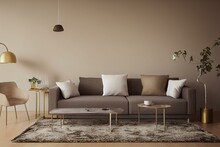 Decorated Living Room Interior With Gray Sofa, Floor Vase, Tree Branch, Brass Lamp, Coffee Table And Throw On Empty Warm Beige Background. Wall Mockup In Earthy Tones. 3d Illustration,. Generative AI