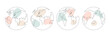 World map one line art collection. Continuous Earth line drawing set. Earth globe hand drawn symbol with pastel shapes group. Vector illustration isolated on white background.