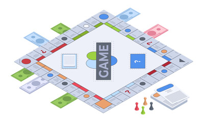 isometric table game. recreation 3d board gambling, monopoly game vector illustration on white backg