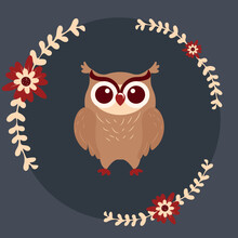 Bright Design With Owl And Flowers Vector Illustration In Hand-drawn Style