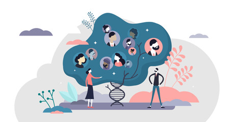 DNA genetic human family tree information research concept, flat tiny persons illustration, transparent background. Creative genome structure abstract graphic visualization.