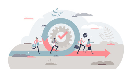 Wall Mural - Agile as fast and effective business adaption to changes tiny person concept, transparent background. Performance management with flexible strategy and quick improvements illustration.