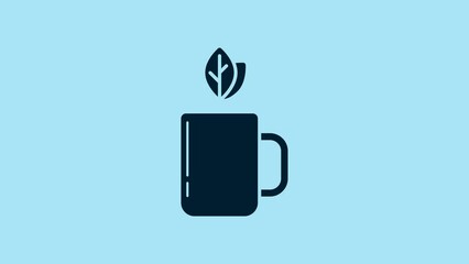 Canvas Print - Blue Cup of tea and leaf icon isolated on blue background. 4K Video motion graphic animation