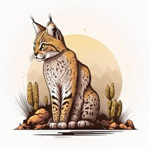  A Cat Sitting On A Rock With Cactus Plants Around It And A Full Moon In The Background Illustration By Hand Drawing Style, Color, On White Background, Eps88, No Fill.  Generative Ai