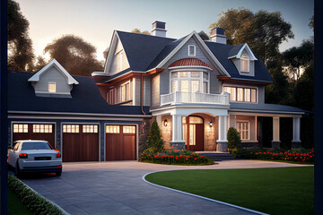 Wall Mural - Typical American household, home ownership. House with lawn, garage for two cars, barbecue area. American dream home. AI generated.