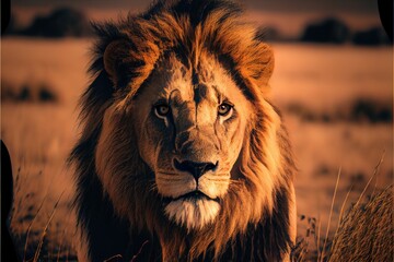Wall Mural - closeup portrait of a lion watching into the camera. generative ai
