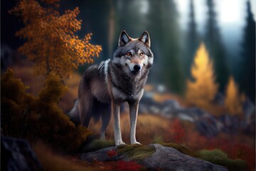 Wall Mural - portrait of a wolf lupus in the forest hunting. generative ai