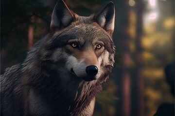 Wall Mural - portrait of a wolf lupus in the forest hunting. generative ai
