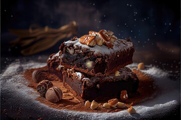 Wall Mural - Brownie chocolate cake with nuts on the plate with cocoa and vanilla powder. Generative AI