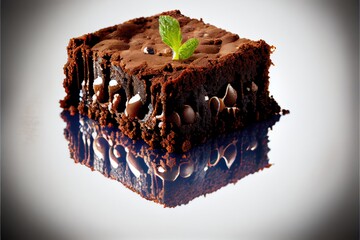 Wall Mural - Brownie cake with chocolate and nuts on a glossy table. Generative AI