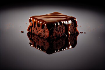 Wall Mural - Brownie cake with chocolate and nuts on a glossy table. Generative AI