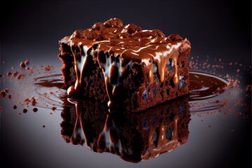 Wall Mural - Brownie cake with chocolate and nuts on a glossy table. Generative AI