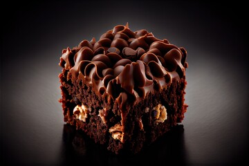 Wall Mural - Brownie cake with chocolate and nuts on a glossy table. Generative AI