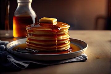 Wall Mural - Stack of pancakes with butter and maple syrup. Generative AI