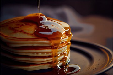 stack of pancakes with butter and maple syrup. close up macro photography. generative ai