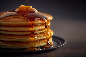 Wall Mural - Stack of pancakes with butter and maple syrup. Close up macro photography. Generative AI