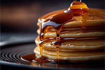 Wall Mural - Stack of pancakes with butter and maple syrup. Close up macro photography. Generative AI
