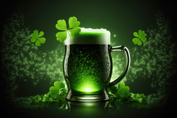 Poster - St Patrick's Day green beer with Shamrock and bstract green bokeh background for happy st patrick's day celebration background design