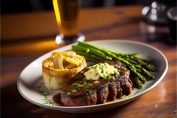 Wall Mural - Grilled stake with mashed potato and butter served on a plate. Generative AI