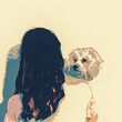 Ilustracja grafika dziewczyna z małym psem na ramieniu odwrócona tyłem, jasne kolory.