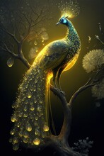 The Haughty And Beautiful Transparent Luminous Yellow Peacock. Generative Ai