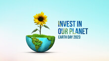 Invest In Our Planet- World Environment Day 3d Concept Design. Happy Environment Day, 05 June. Green Earth With Sunflower Plant Isolated On White Background. 