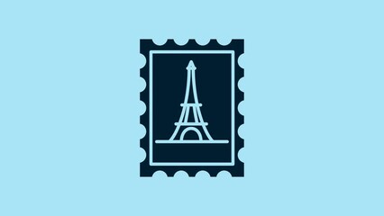 Poster - Blue Postal stamp and Eiffel tower icon isolated on blue background. 4K Video motion graphic animation