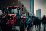 Fototapeta  - a blockade and demonstration of peasants or farmers who are protesting with their tractors on a street in a city, fictional people and place. Generative AI