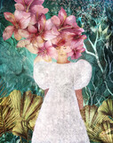 Fototapeta Na ścianę - Ilustracja młoda kobieta w białej sukni na tle roślin.