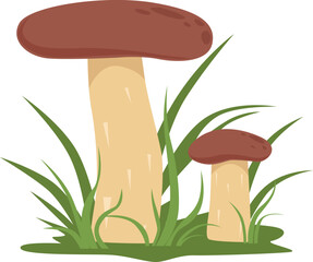 Sticker - Growing mushroom in grass. Cartoon woodland nature