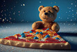 Adorable teddy bear with a heart nose enjoying a colorful slice of pizza, ideal for family-friendly content and dining promotions.   generative ai