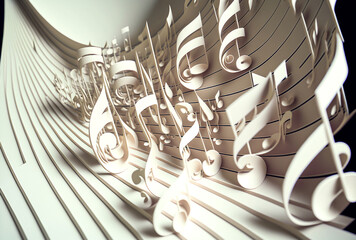 Wall Mural - Abstract reshaped three dimensional musical notes on music sheet. AI generated illustration.